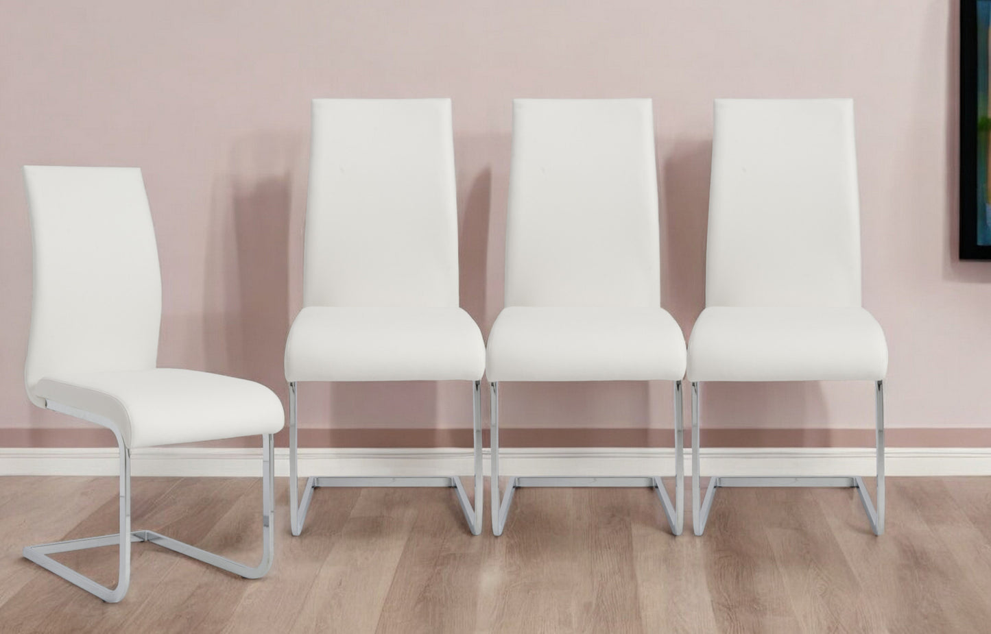 Set of Four White and Silver Upholstered Leather Dining Side Chairs
