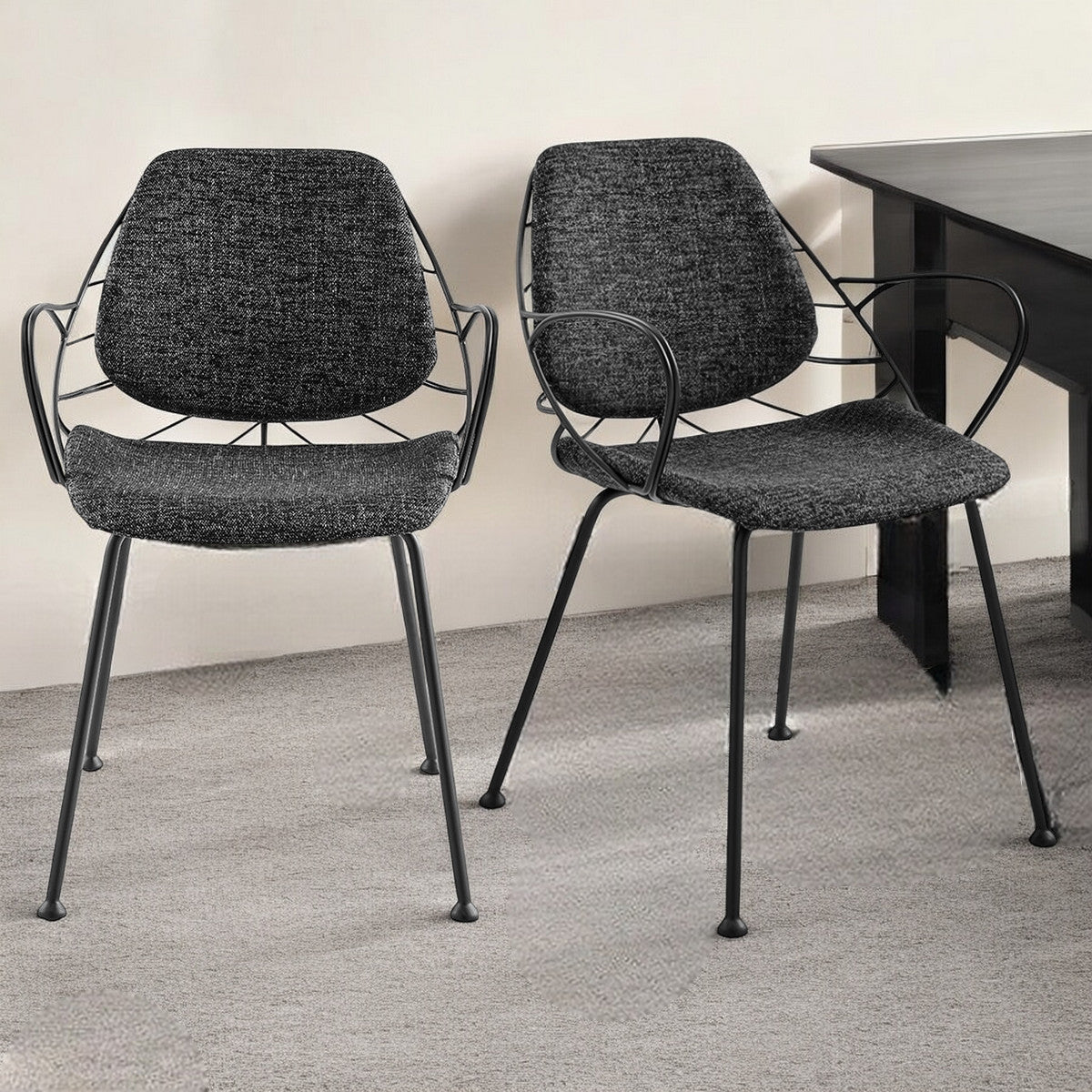 Set of Two Black Upholstered Fabric Dining Arm Chairs
