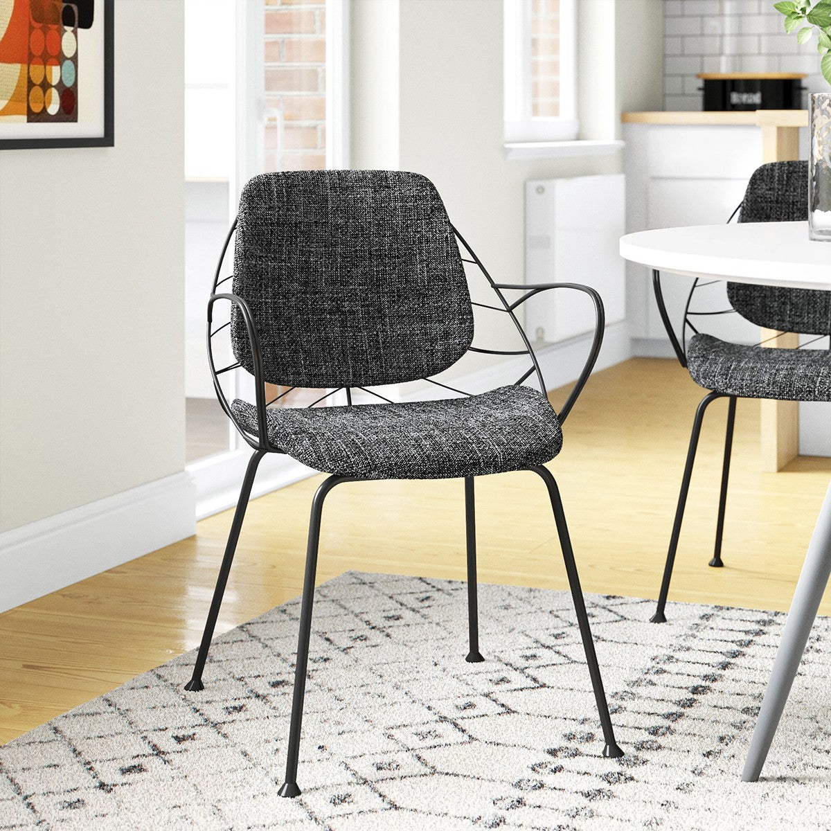 Set of Two Black Upholstered Fabric Dining Arm Chairs