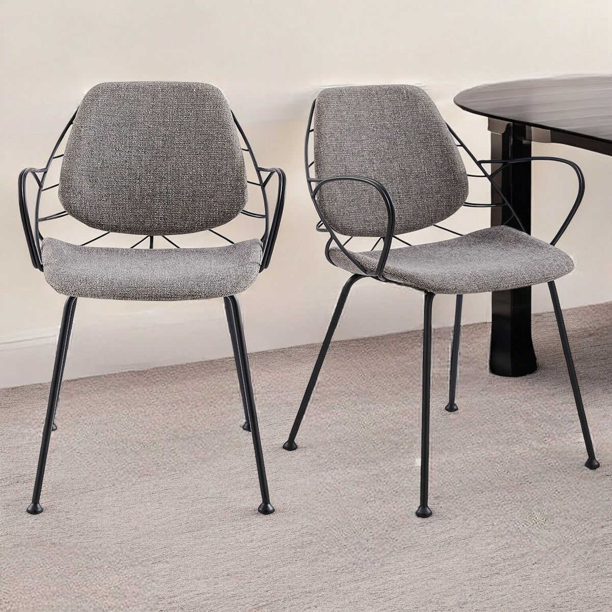 Set of Two Light Gray and Black Upholstered Fabric Dining Arm Chairs