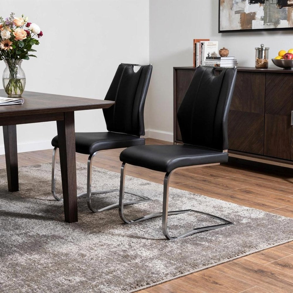 Set of Two Black and Silver Upholstered Leather Dining Side Chairs