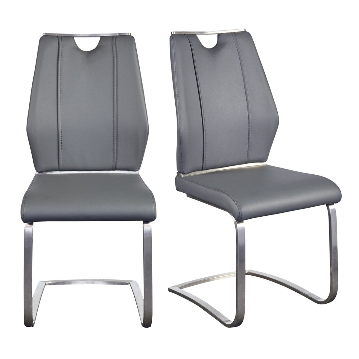 Set of Two Gray and Silver Upholstered Leather Dining Side Chairs