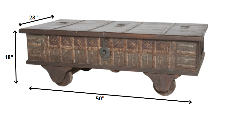 50" Brown Solid Wood Lift Top Wheel Coffee Table