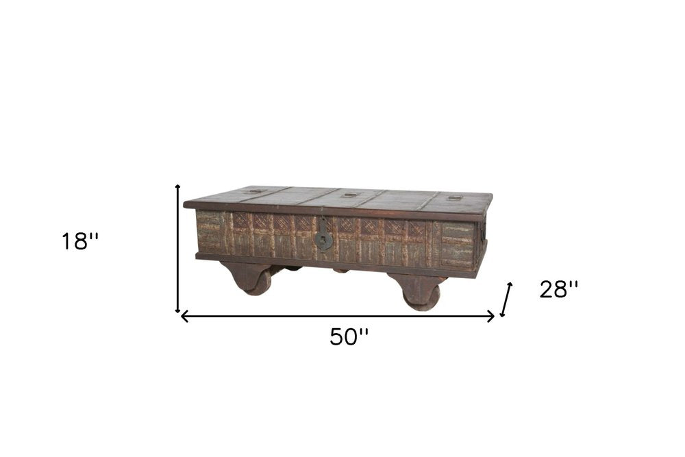 50" Brown Solid Wood Lift Top Wheel Coffee Table