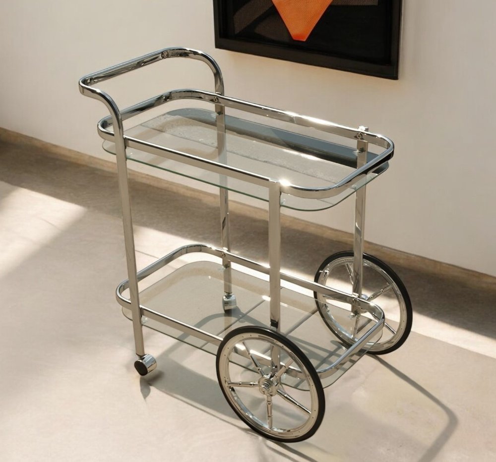 28" Silver Metal And Glass Rolling Trolley Bar Cart