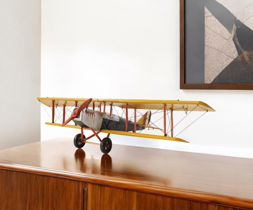 8" Yellow Red And Gray Metal Hand Painted Air Plane