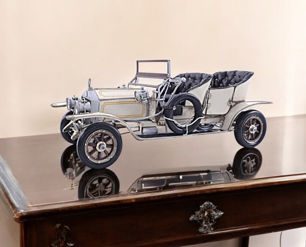 8" Silver Metal Hand Painted Model Car Tabletop Sculpture