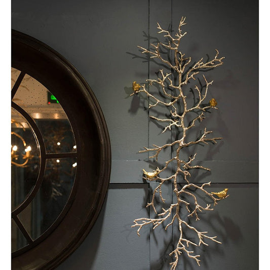 44" Silver And Gold Aluminum Branches And Birds Hanging Dimensional Sculpture