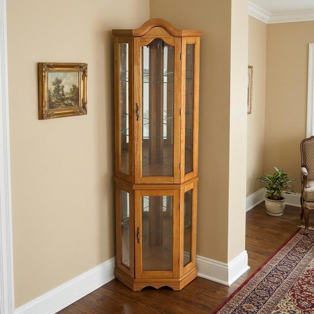 Golden Oak Scallop Top Lighted Corner Curio Cabinet