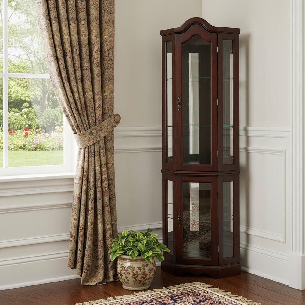 Mahogany Scallop Top Lighted Corner Curio Cabinet