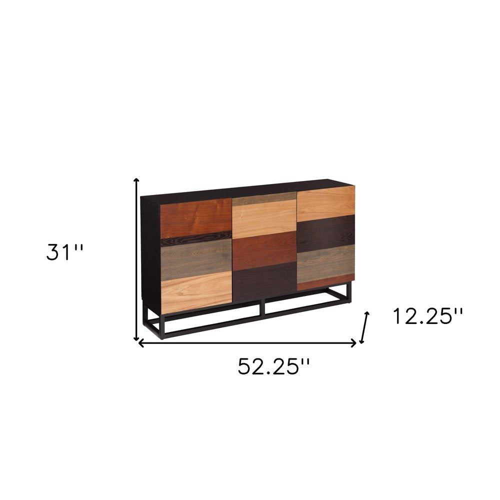 52" Brown Gray And Black Patch Three Door Sideboard Cabinet