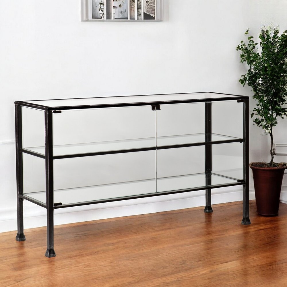 Rustic Black and Glass Double Door Cabinet