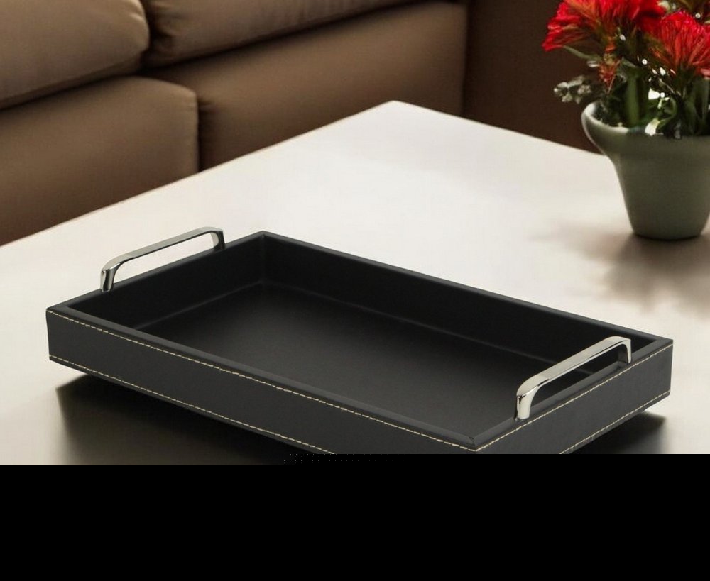 Black Faux Leather Tray with Metal Handles