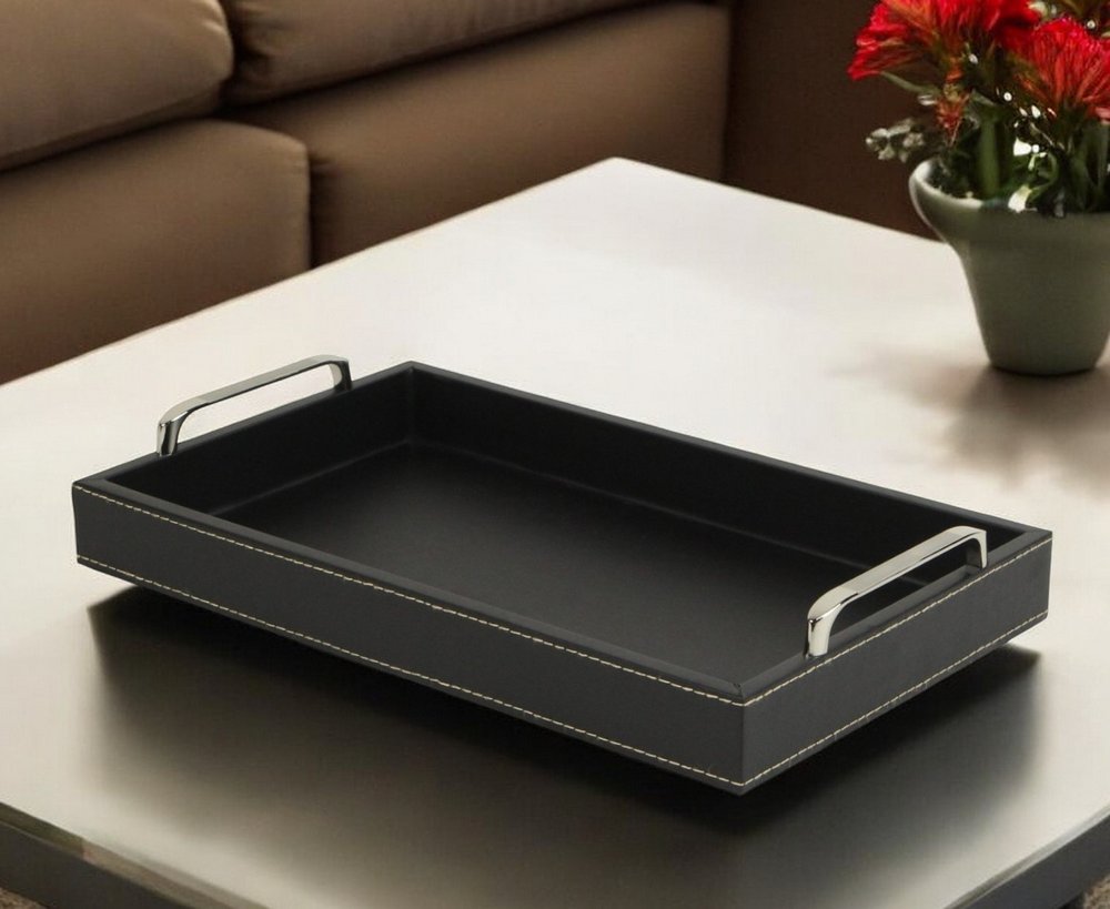 Black Faux Leather Tray with Metal Handles