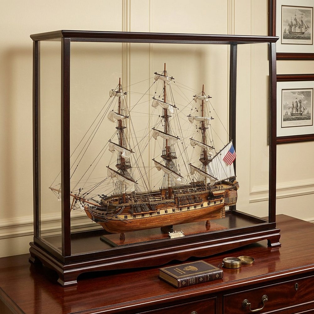39" Wood Brown Solid Wood Hand Painted 1797 USS Constitution Large Table Top Display Case Model Boat