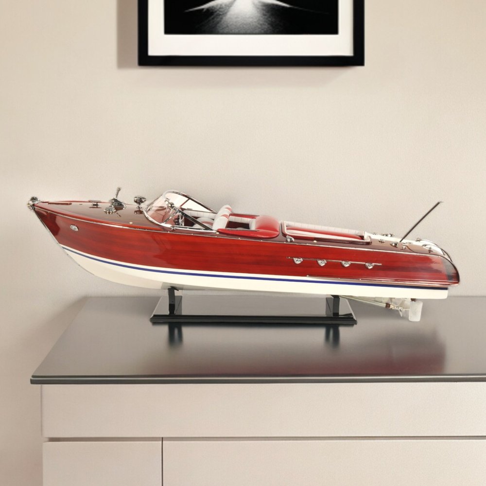 10" Red White And Brown Manufactured Wood Hand Painted Decorative Boat