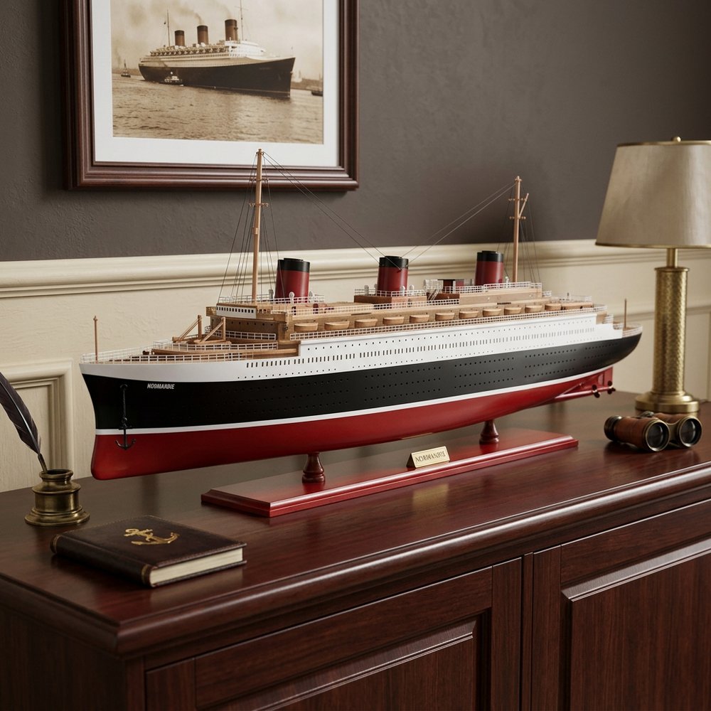 15" Black and Red Normandie Large Boat Hand Painted Decorative Boat