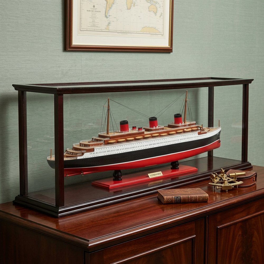 15" Black and Red Solid Wood Hand Painted Normandie Large Display Case Model Boat