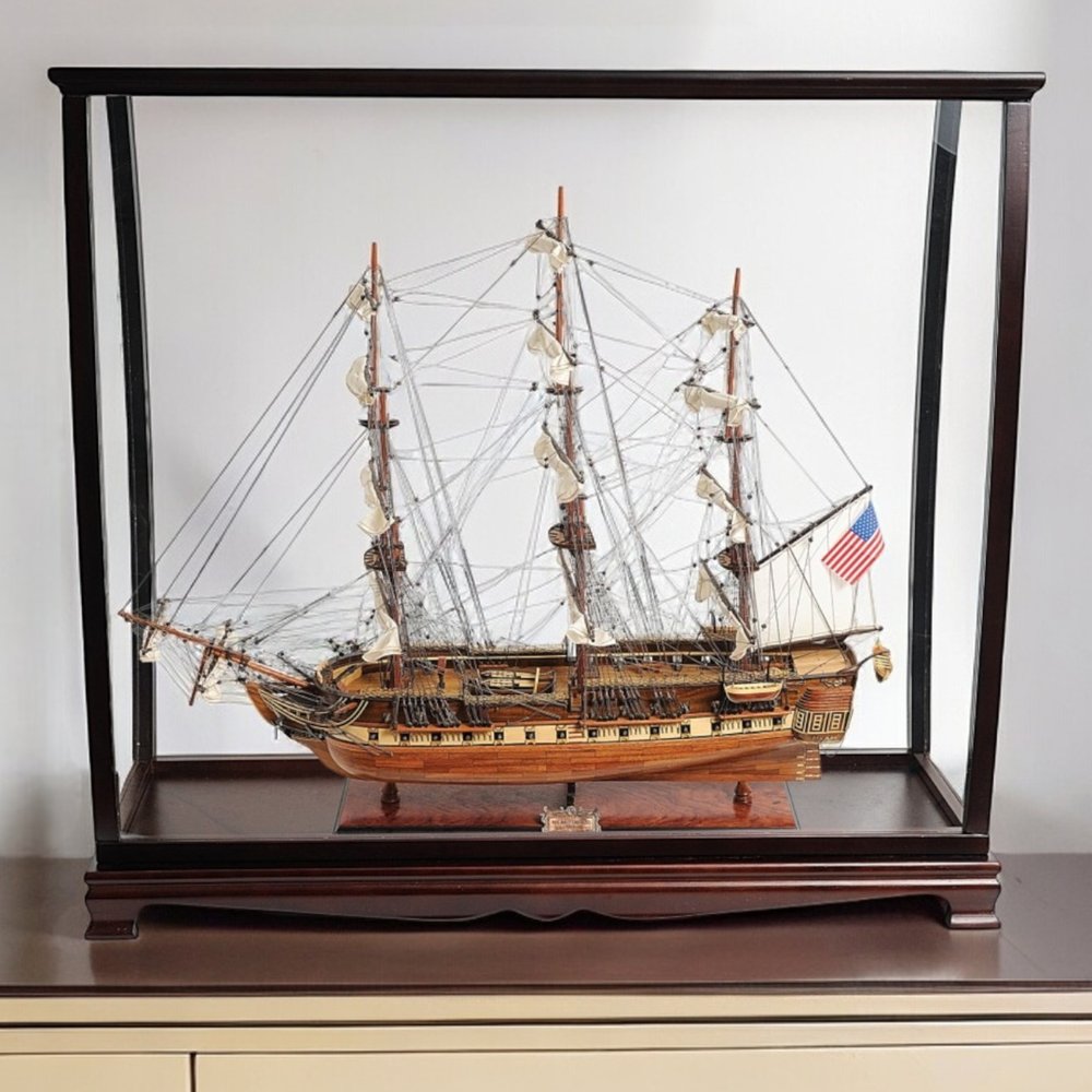 32" Wood Brown Solid Wood Hand Painted 1797 USS Constitution Medium Display Case Model Boat