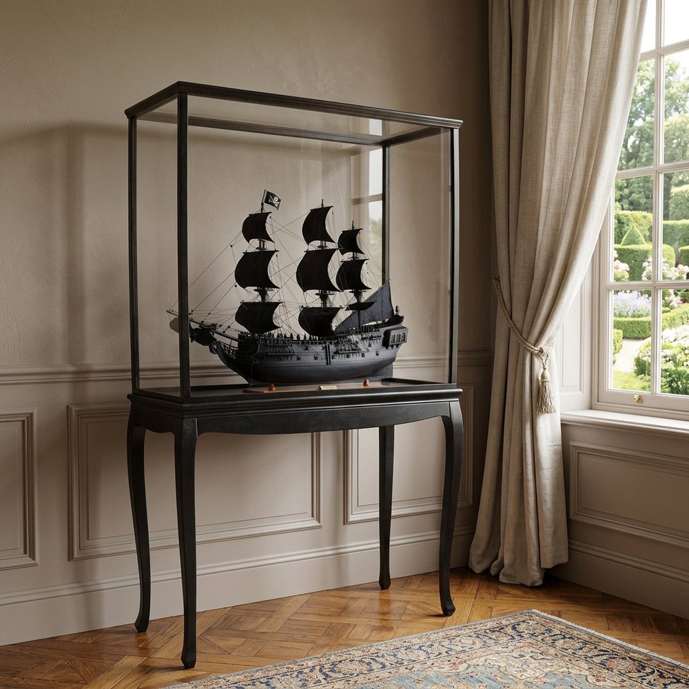 69" Black Solid Wood Hand Painted Black Pearl Pirate Floor Display Model Boat