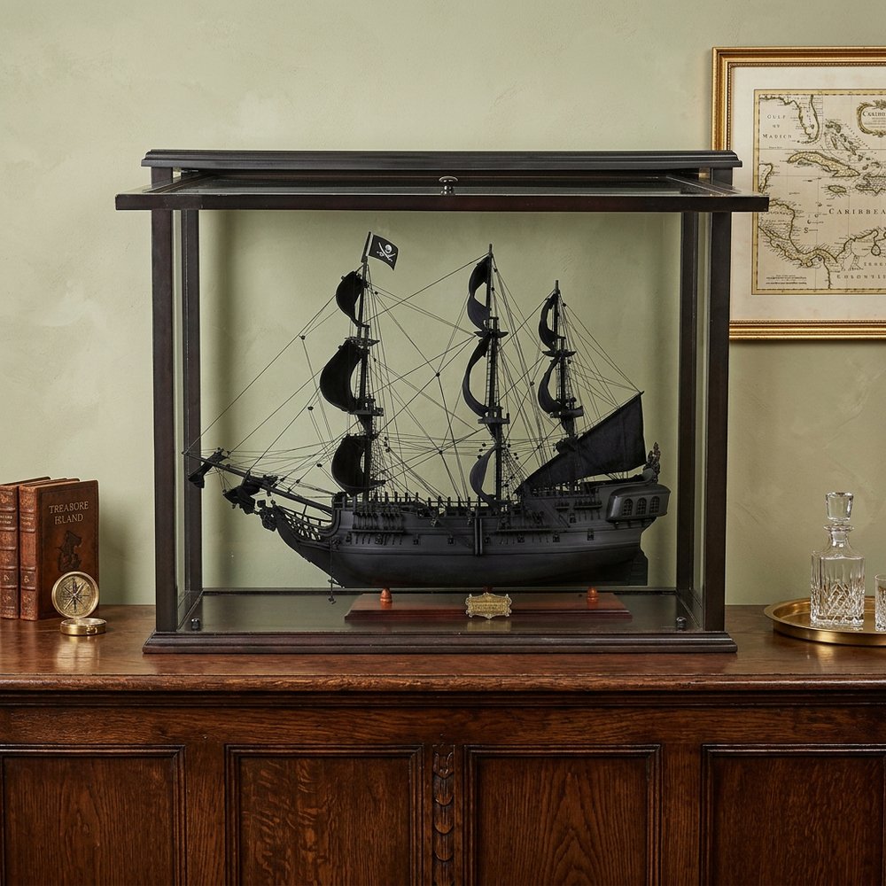 30" Black Solid Wood Hand Painted Black Pearl Pirate Medium Open Display Case Model Boat