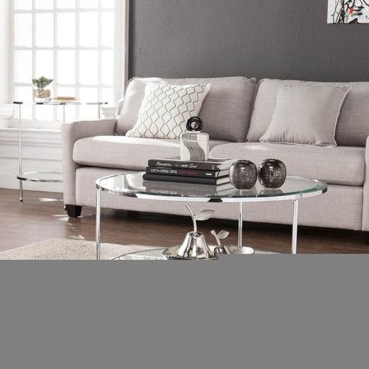 34" Chrome Glass And Metal Round Mirrored Coffee Table