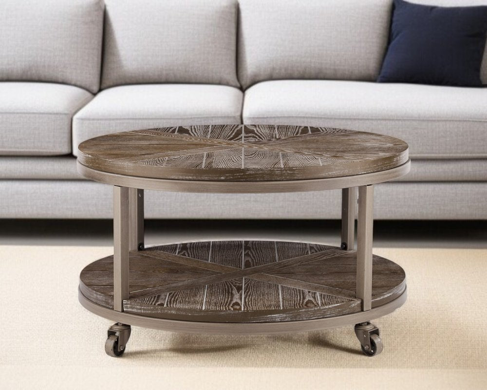 32" Brown Wood And Iron With Iron Round Distressed Coffee Table