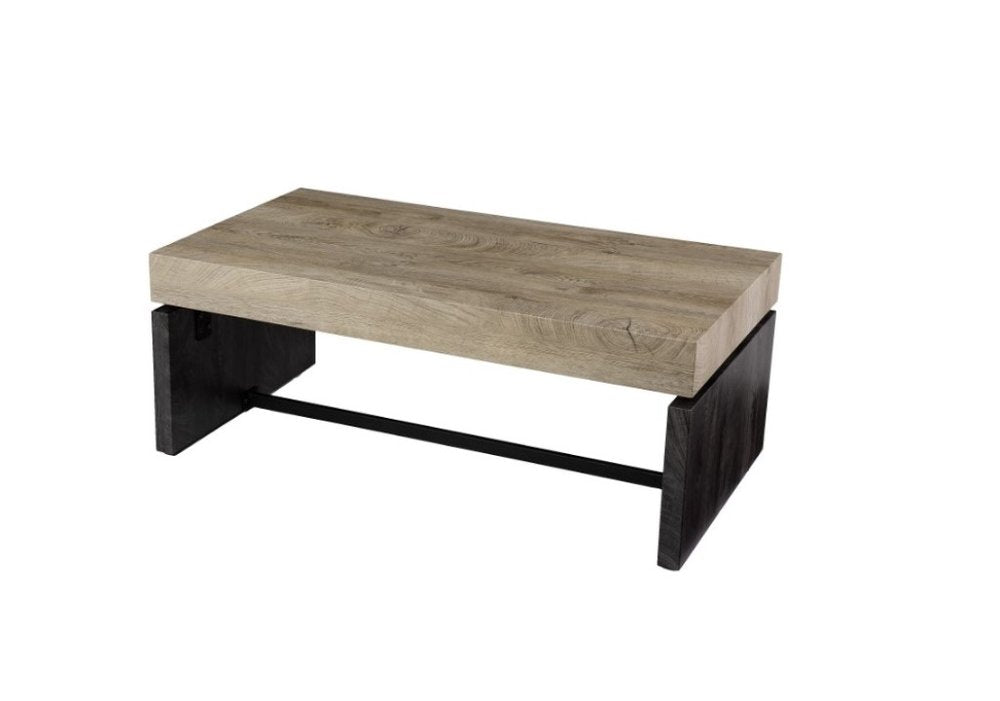 44" Natural And Black Chunky Wood With Iron Coffee Table