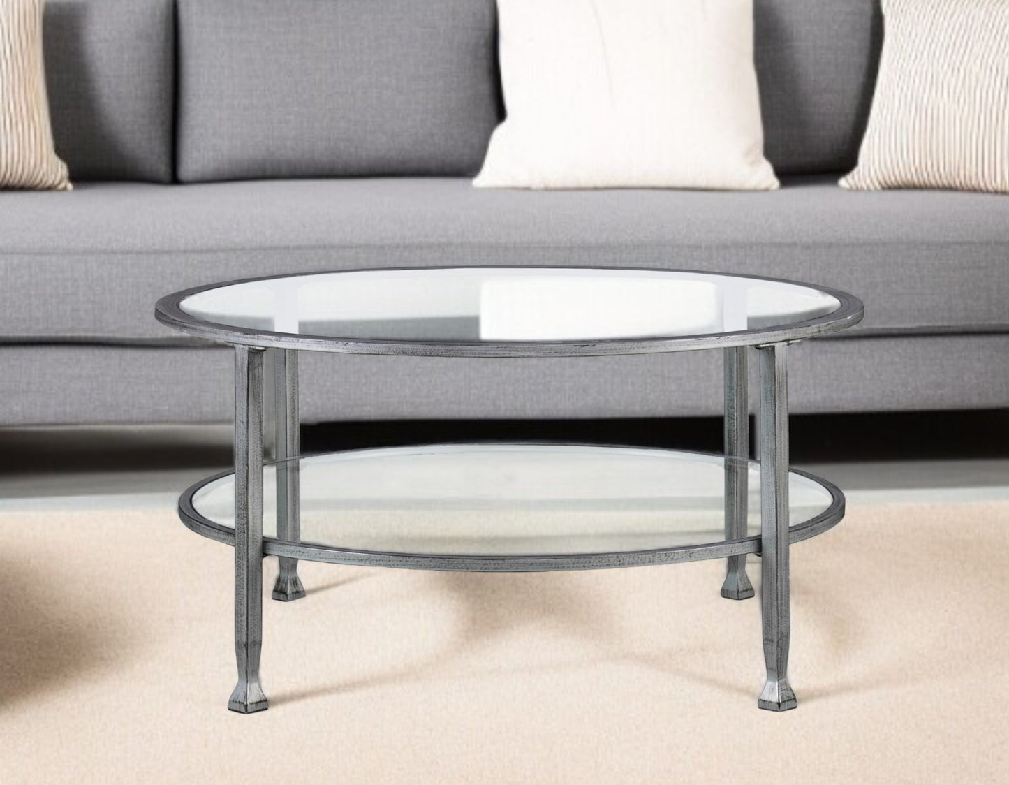 36" Silver Glass And Metal Round Coffee Table