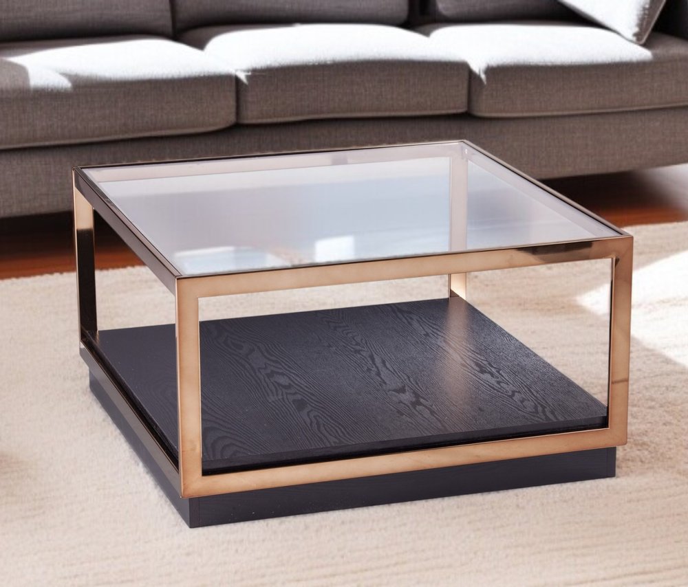 33" Champagne Glass And Solid Manufactured Wood Square Coffee Table