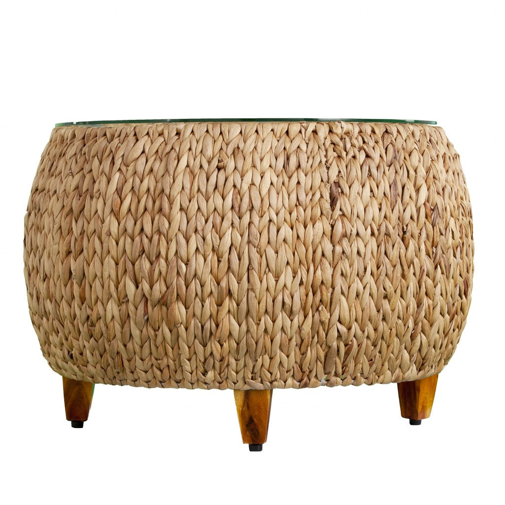 28" Natural And Natural Brown Glass And Solid Wood Square Coffee Table