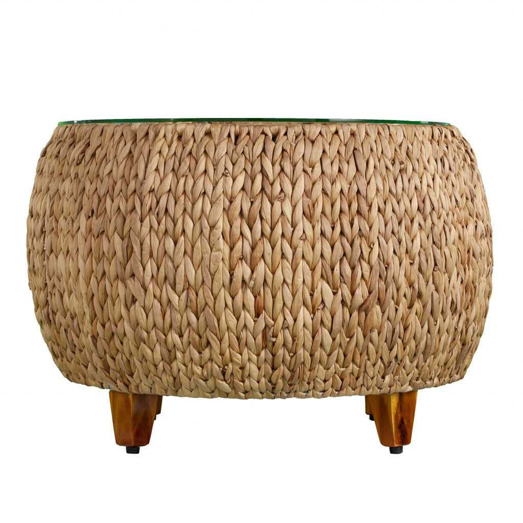 28" Natural And Natural Brown Glass And Solid Wood Square Coffee Table