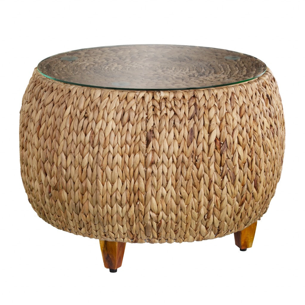 28" Natural And Natural Brown Glass And Solid Wood Square Coffee Table