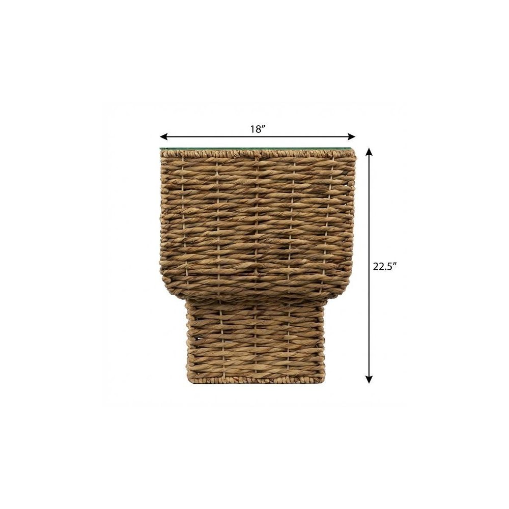 23" Brown And Clear Glass And Rattan Wicker Square End Table