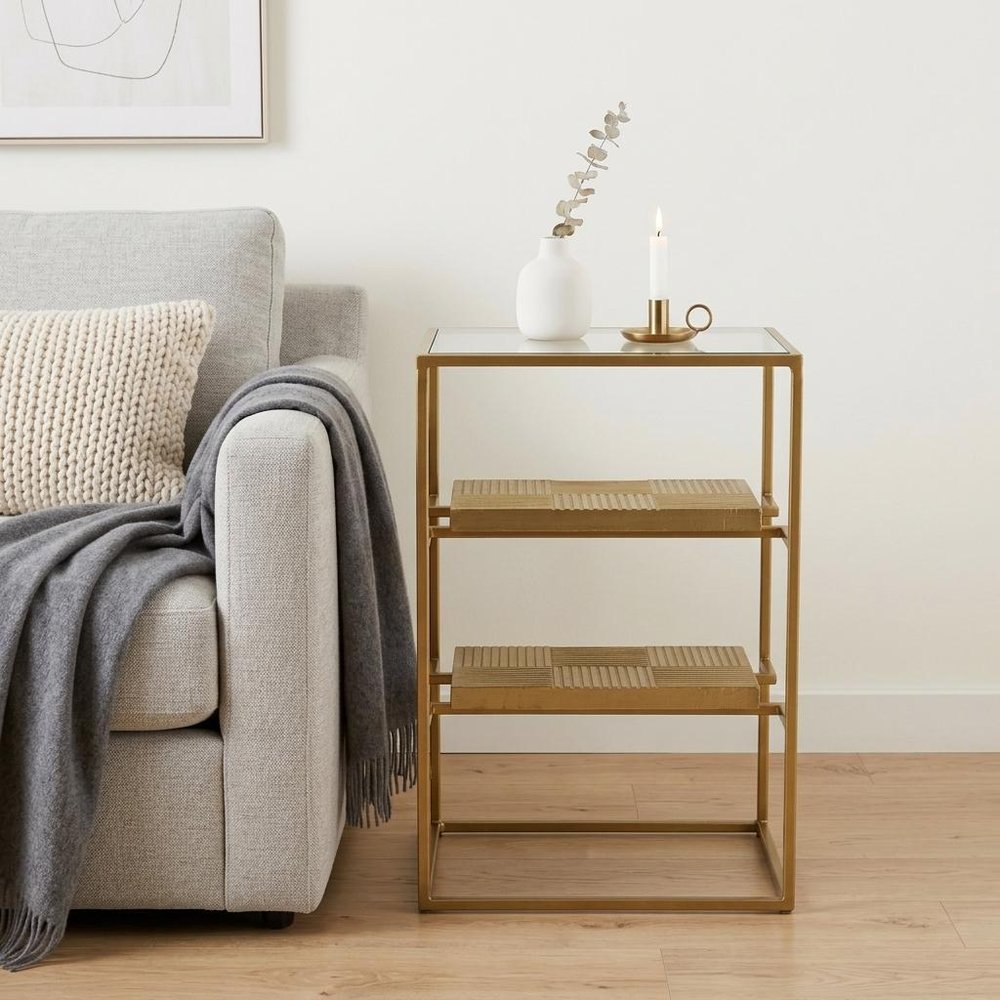 24" Brass Glass And Iron Rectangular End Table With Two Shelves