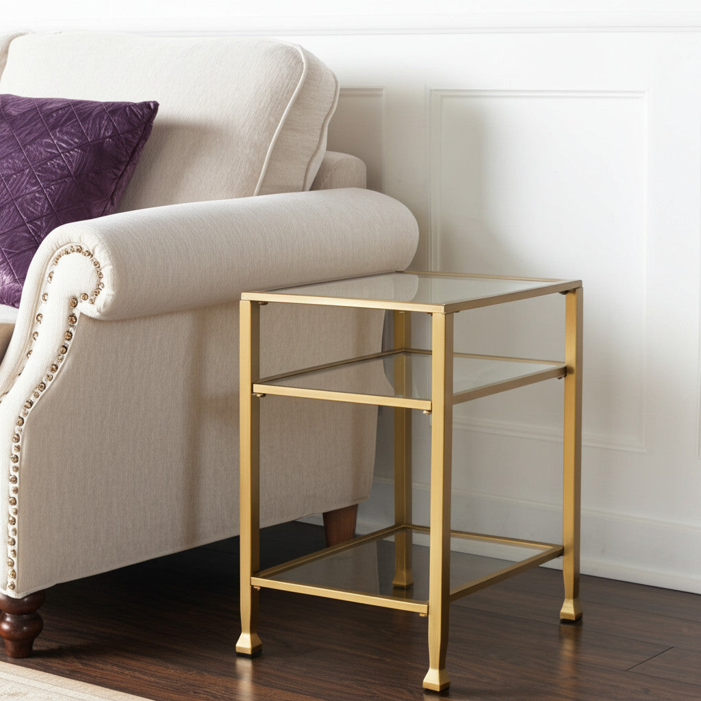 24" Gold Glass And Iron Rectangular End Table With Two Shelves