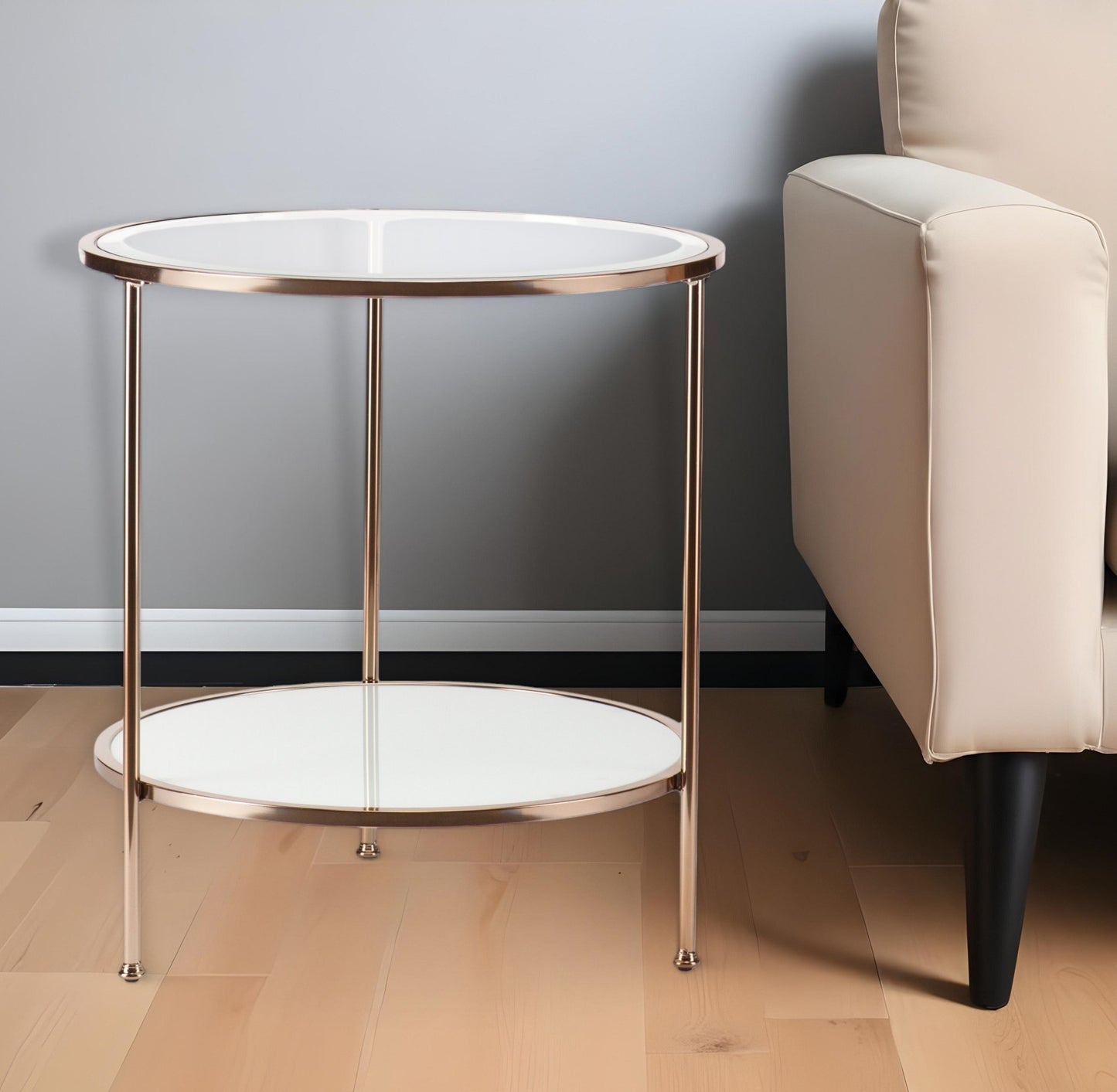 26" Gold Glass And Iron Round End Table With Shelf
