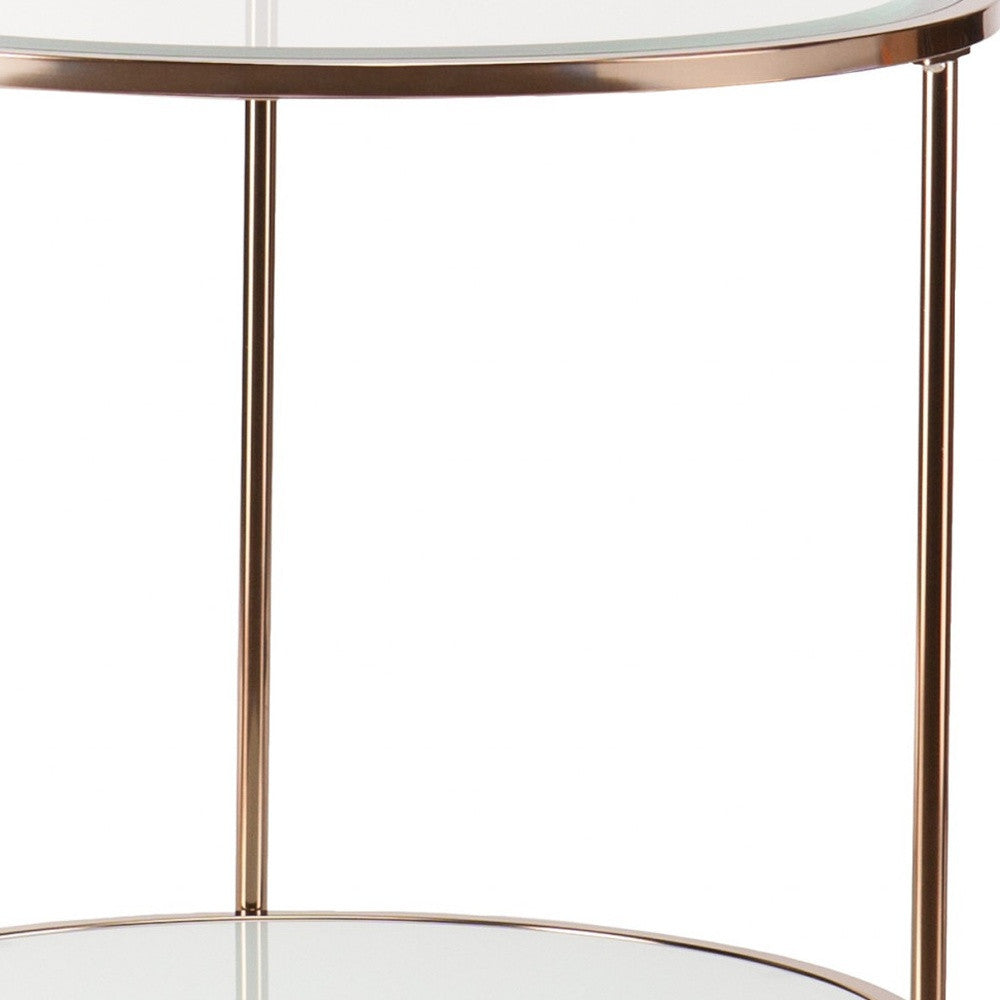26" Gold Glass And Iron Round End Table With Shelf