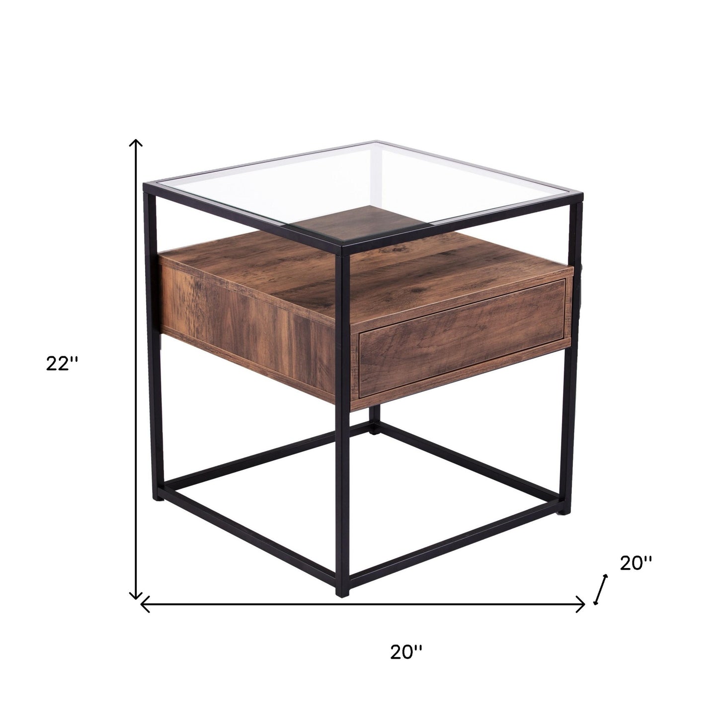 22" Black Glass And Iron Square End Table With Drawer With Shelf