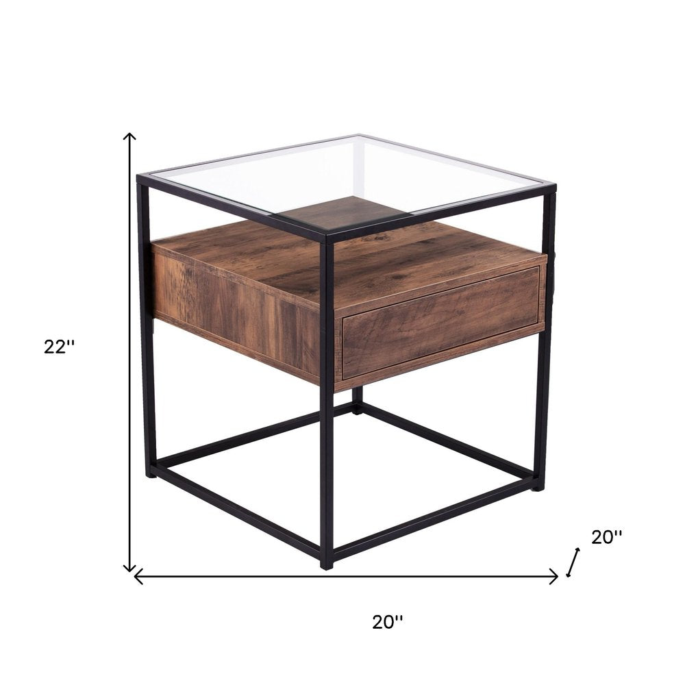 22" Black Glass And Iron Square End Table With Drawer With Shelf