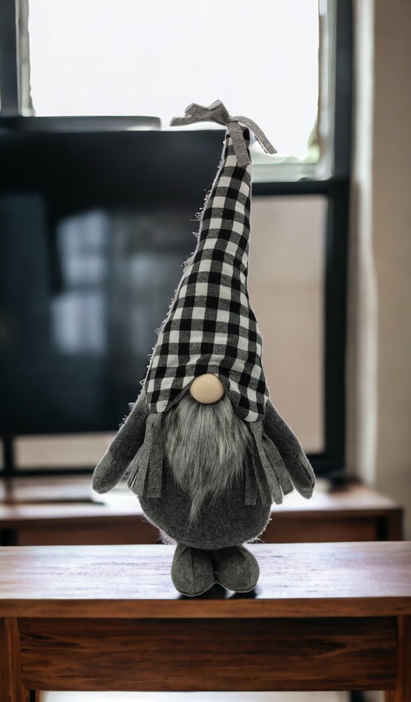 27" Black and White Buffalo Plaid Standing Gnome
