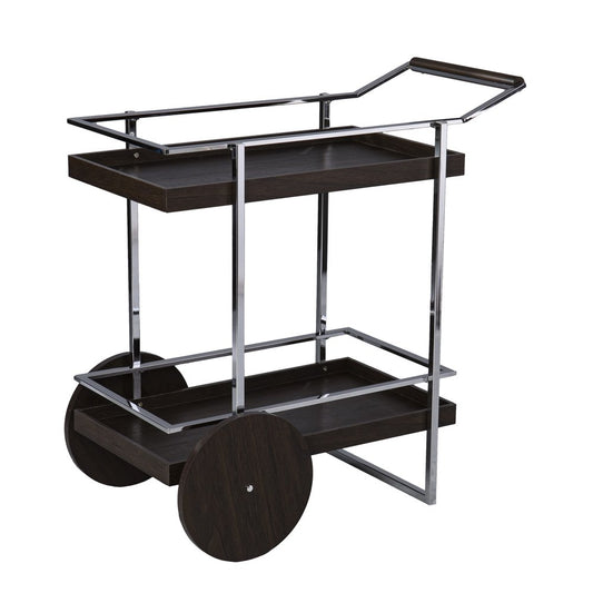 34" Brown And Silver Iron and Wood Rolling Bar Cart