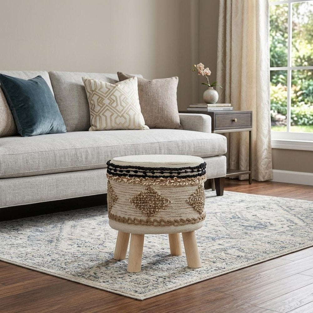 16" Beige Jute And Brown Round Abstract Ottoman