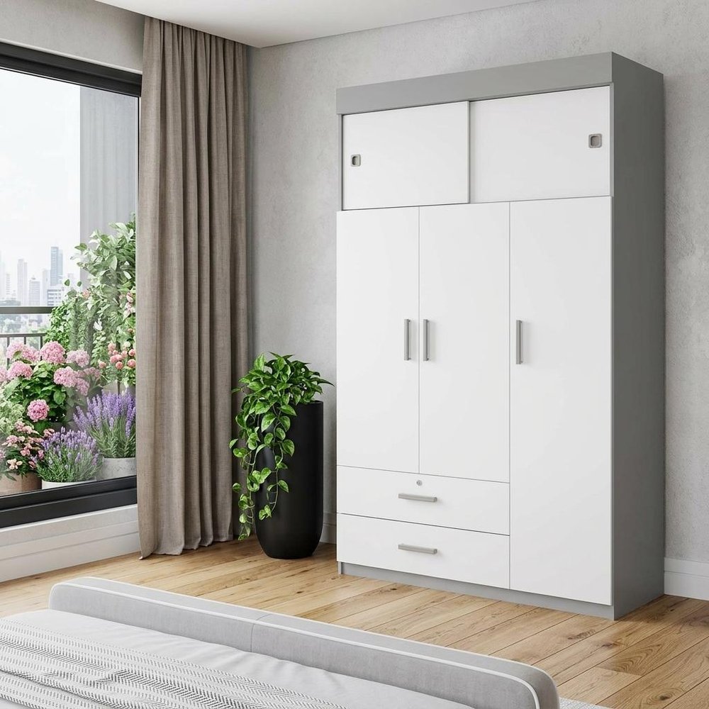 73" White Wood Three Door Two Drawer Combo Dresser