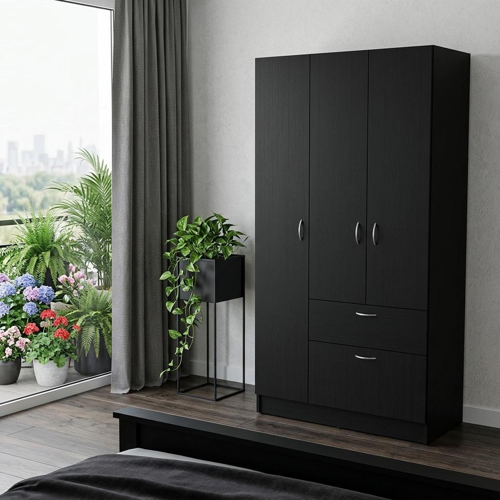 67" Black And White Wood Three Door Single Drawer Combo Dresser