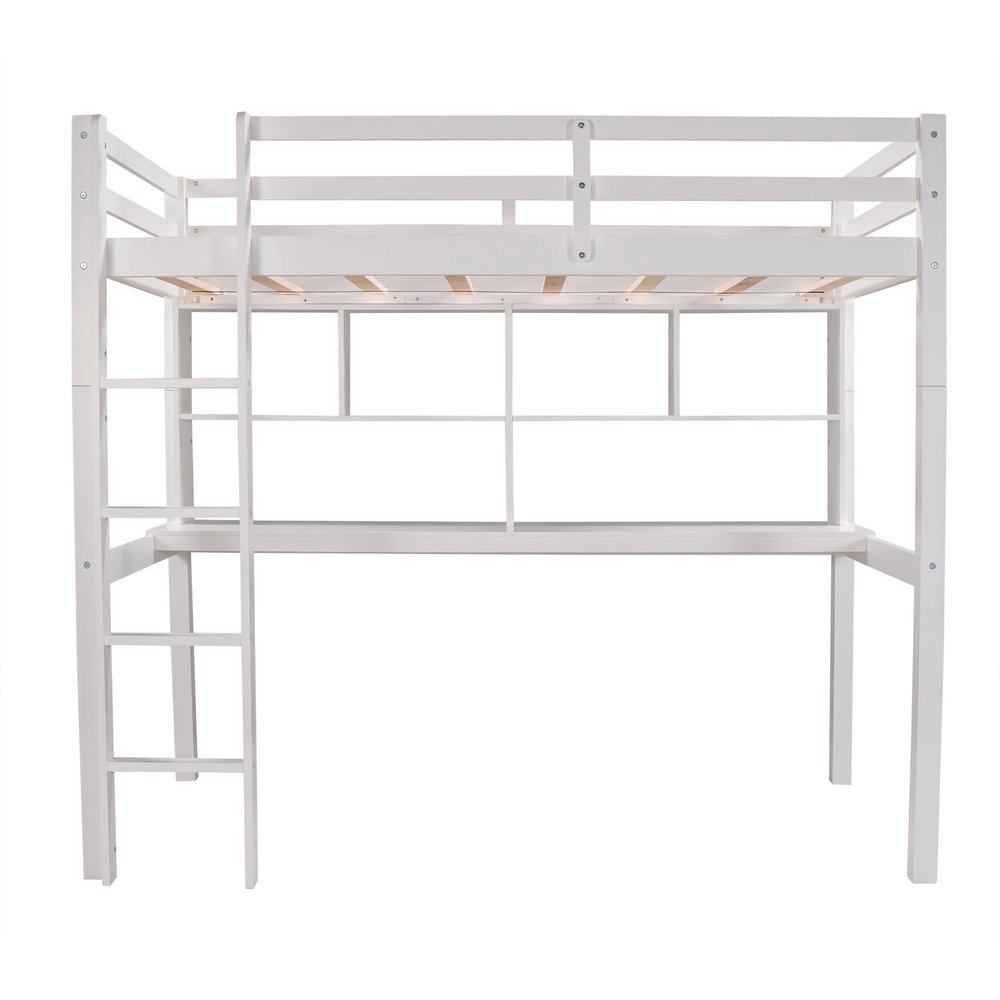 White Twin Loft Bed With Desk and Shelves