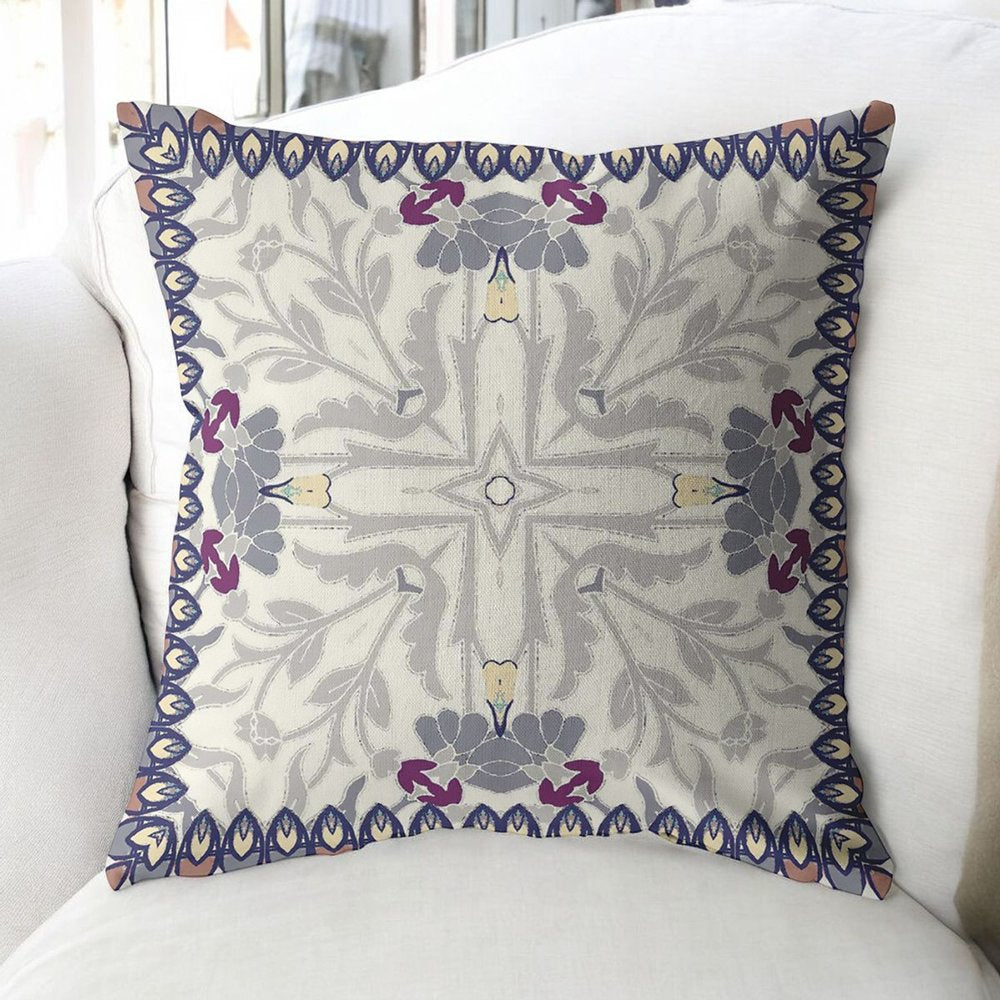 16" Gray Floral Frame Indoor Outdoor Throw Pillow