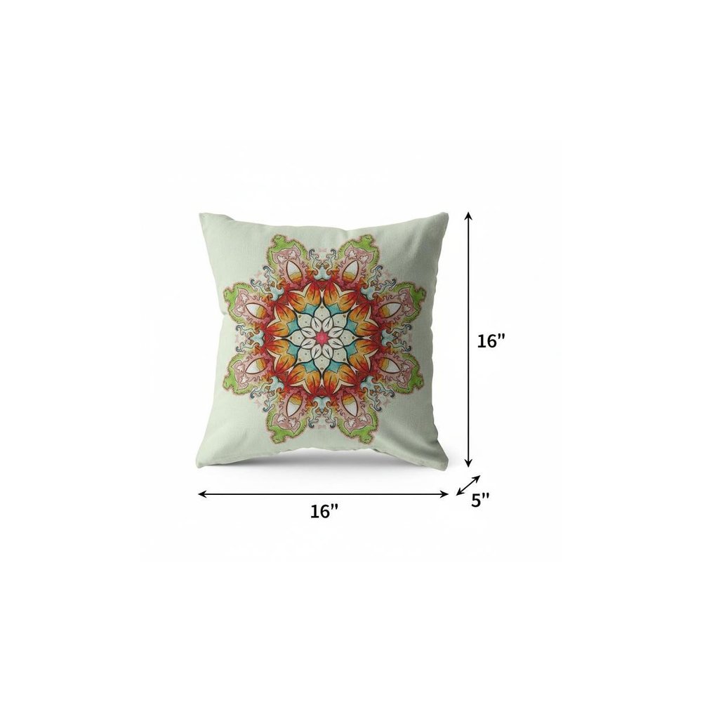 16" Orange Green Mandala Indoor Outdoor Throw Pillow