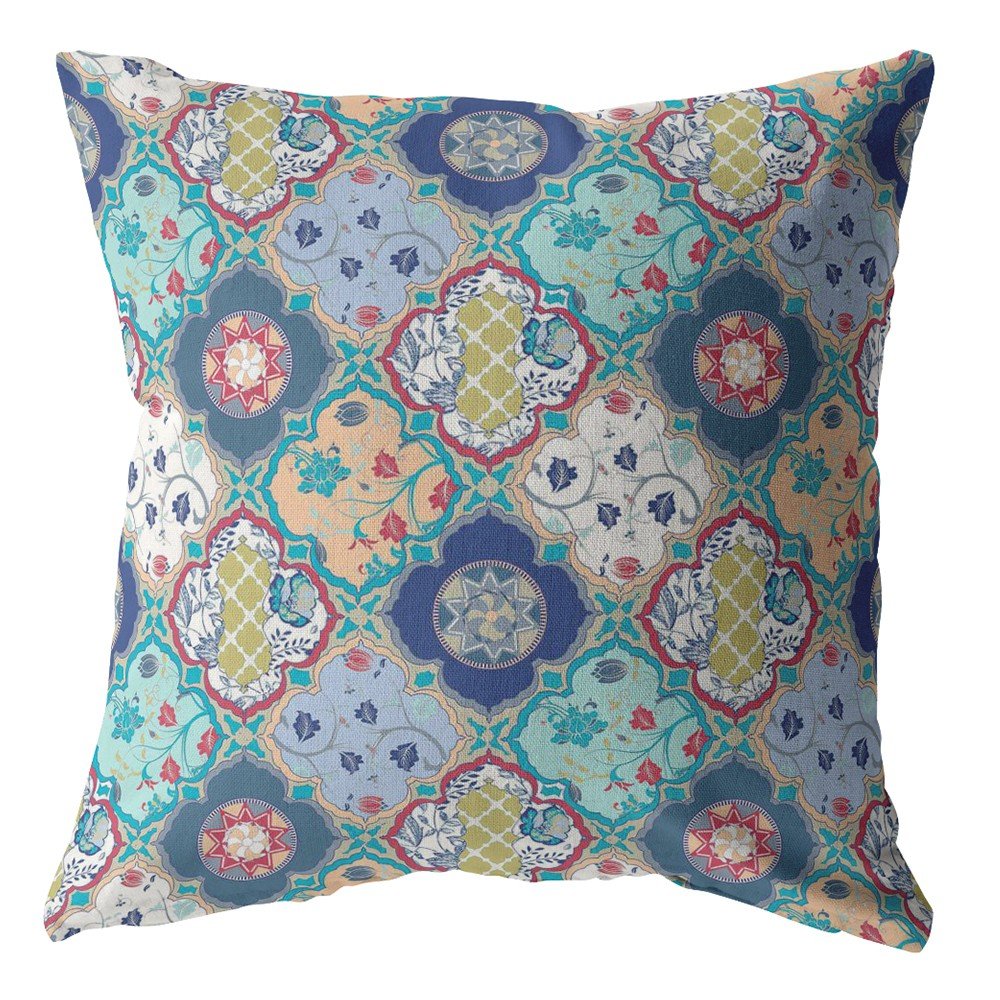 16" X 16" Blue Geometric Indoor Outdoor Throw Pillow