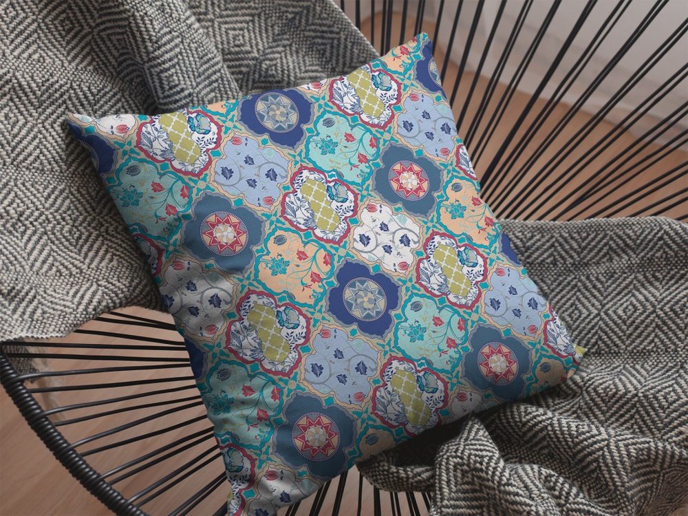 16" X 16" Blue Geometric Indoor Outdoor Throw Pillow